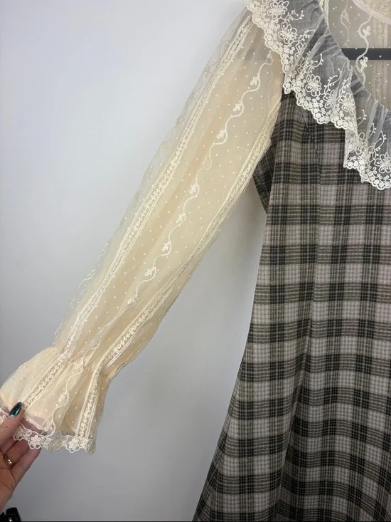 Bec & Xin Plaid Lace Dress Ruffle Collar Cottagecore Romantic Mini Size small - Picture 3 of 8